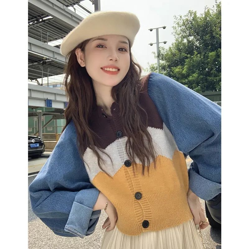 Denim splicing striped retro knitted cardigan women's autumn and winter new small sweater jacket short casual top