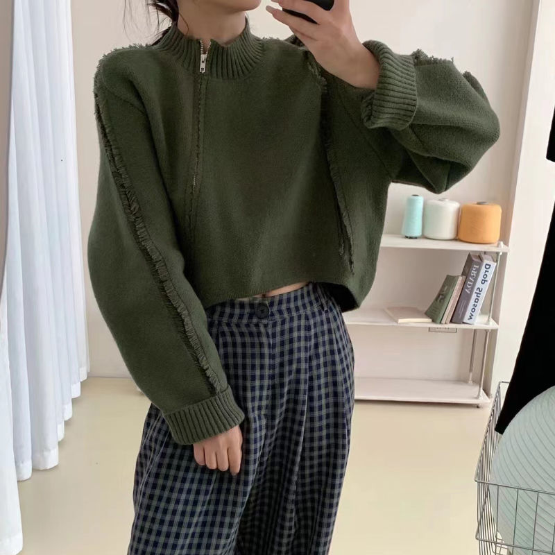 Fashionable design zipper cardigan knitted sweater women's short style hot girl small stand-up collar coat slimming autumn and winter trend