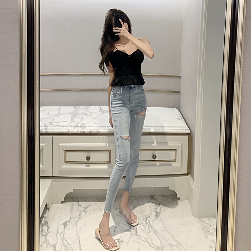 實拍！春季時尚個性破洞收腰顯瘦小腳牛仔褲百搭九分褲女潮