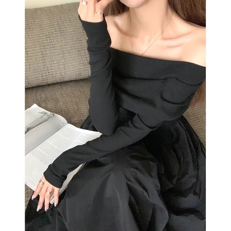 Retro high-end black one-shoulder dress for women in autumn and winter with inner long skirt, waist-cinching temperament a-line skirt