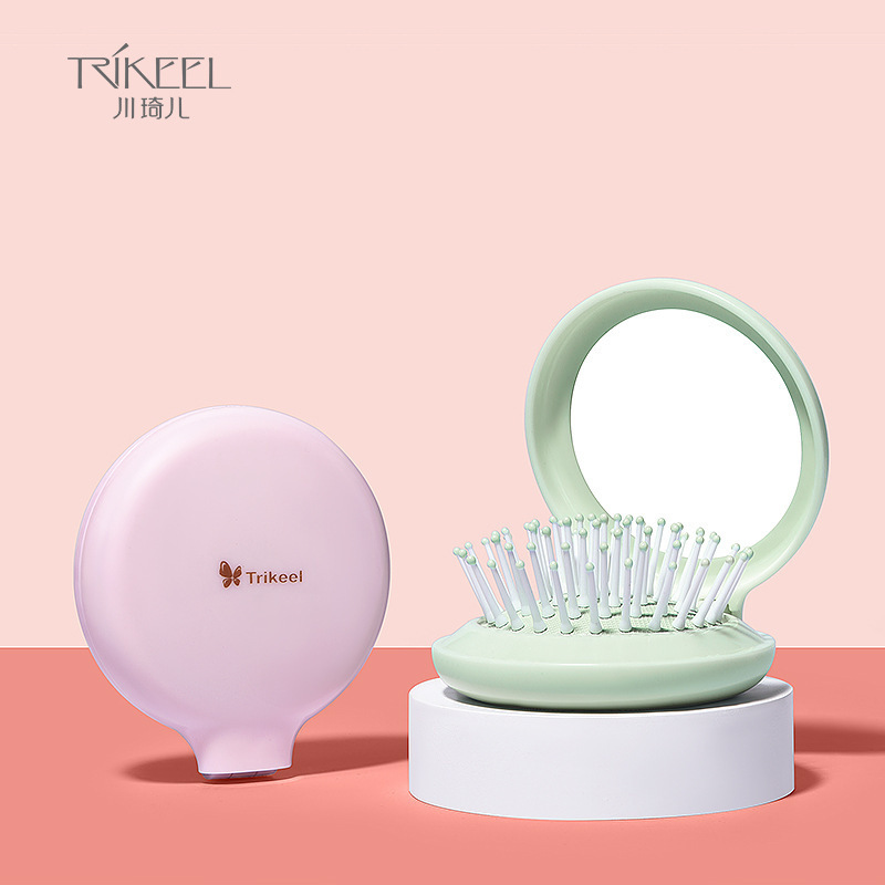 Chuanqi'er Mini Folding Air Bag Comb with Cosmetic Mirror Portable Cute Girly Heart Plastic Air Cushion Massage Comb