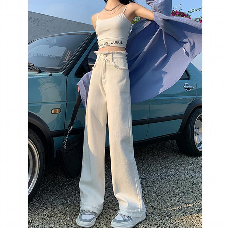 White high-waist raw edge straight jeans for women 2023 spring and autumn new design niche wide-leg floor-length pants
