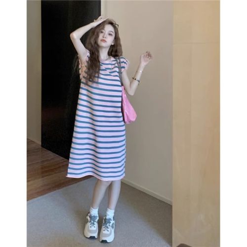 Striped knitted frayed vest dress for women, summer design, loose and casual mid-length sleeveless t-shirt dress