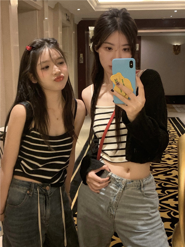 實拍韓版寬鬆簡約閨蜜內搭外穿條紋休閒吊帶