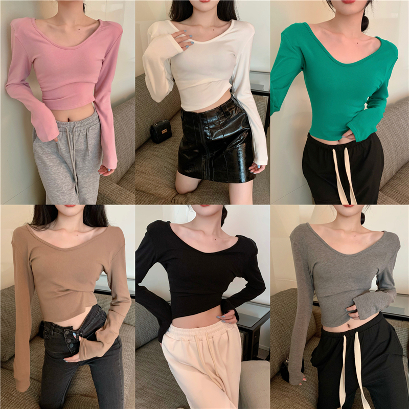 Actual shot of new V-neck shoulder-padded short navel-baring slim-fit solid color long-sleeved top for women