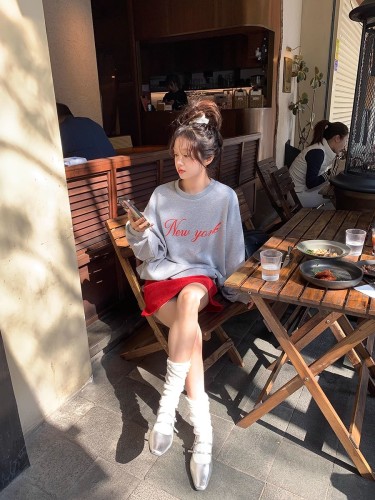 [Tmall/Quality/Thin Style] Heavy Chinese Cotton/Silver Fox Velvet New York Red Letter Print Sweatshirt for Women