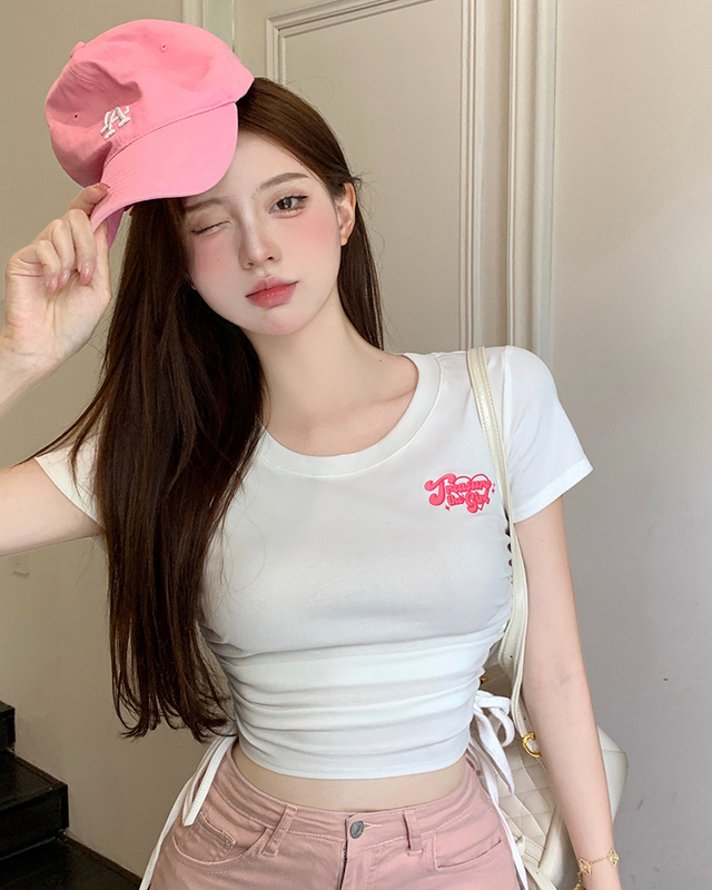 實拍 辣妹短款t恤女夏季圓領修身抽繩短袖上衣