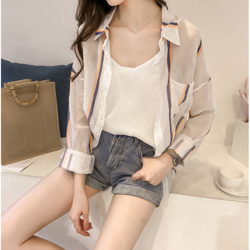 Sun protection clothing for women 2024 summer new style large size striped shirt loose chiffon sun protection clothing ultra-thin cardigan 721#