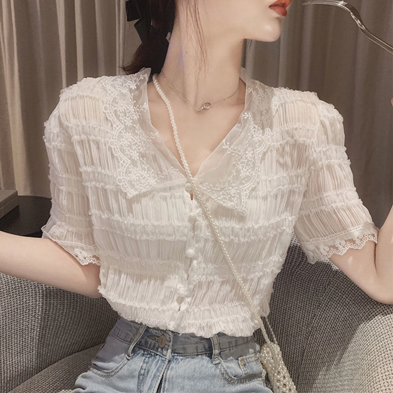 法式甜美溫柔超仙女上衣設計感小眾韓風Chic小個子短袖雪紡襯衫夏