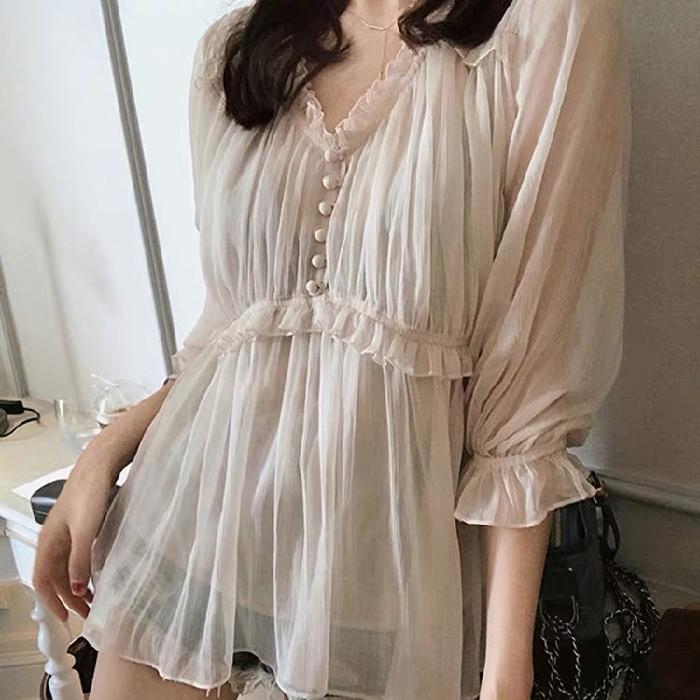 2024新款V領雪紡衫設計感小眾洋氣上衣女早春防曬薄款長袖襯衣潮
