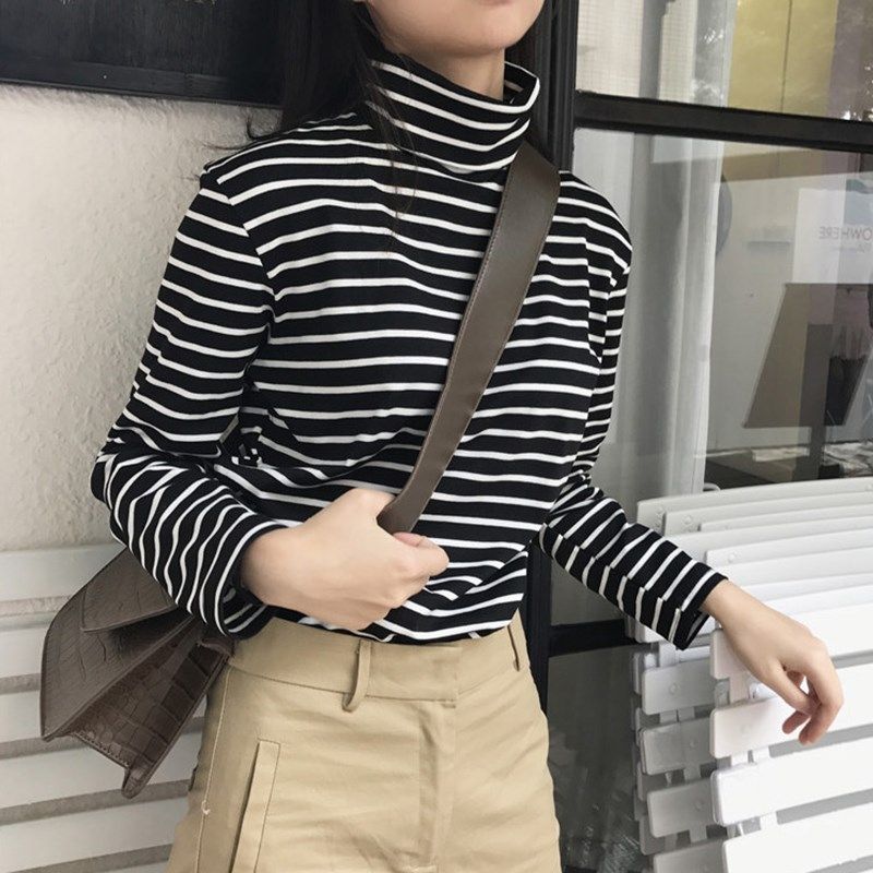 Autumn and spring women's Korean style striped long-sleeved T-shirt women's loose turtleneck plus velvet bottoming shirt for female students versatile clothing