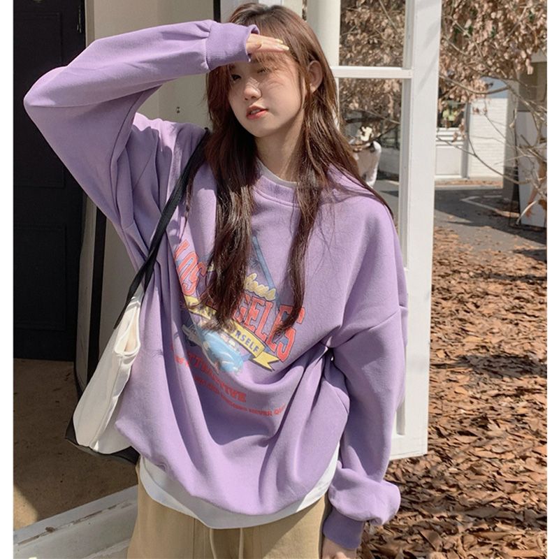 Lazy style pullover purple round neck sweatshirt for women 2022 autumn new Korean chic loose printed long-sleeved top