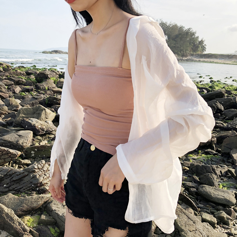 海邊度假Chic純色寬鬆顯瘦薄款防曬襯衫女夏新款休閒襯衣外套
