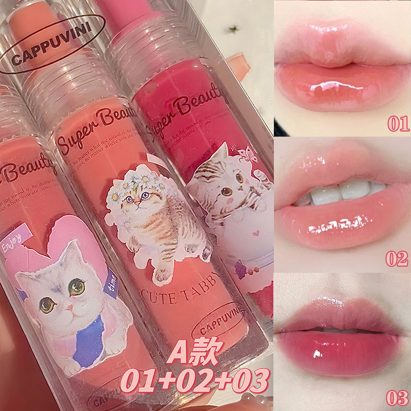 Cappuvini Cat Clear Lip Gloss Watery Mirror Jelly Lip Glaze Moisturizing Lip Gloss