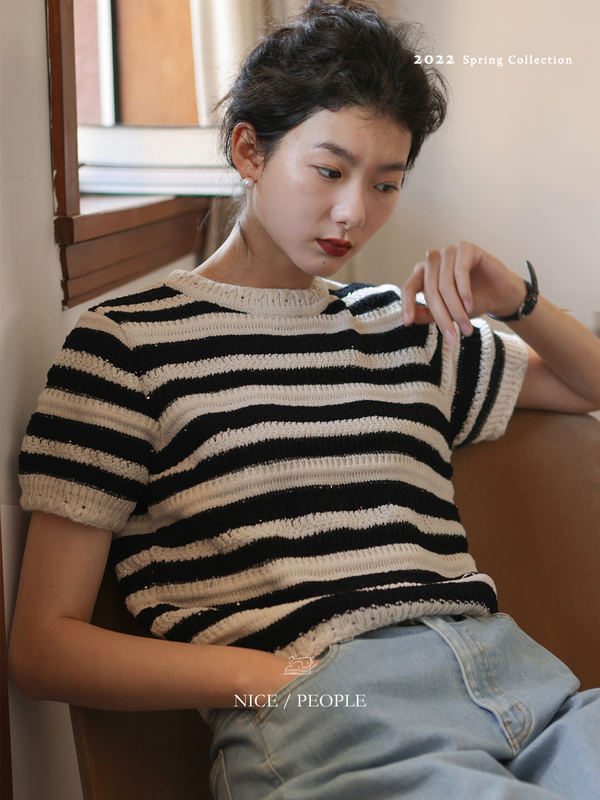 航海女孩」 夏日 珠片紗 coco 條紋針織短袖t恤女手工鈎花上衣