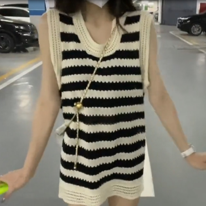 韓版chic鏤空條紋針織背心吊帶女夏季設計感小眾寬鬆顯瘦無袖上衣