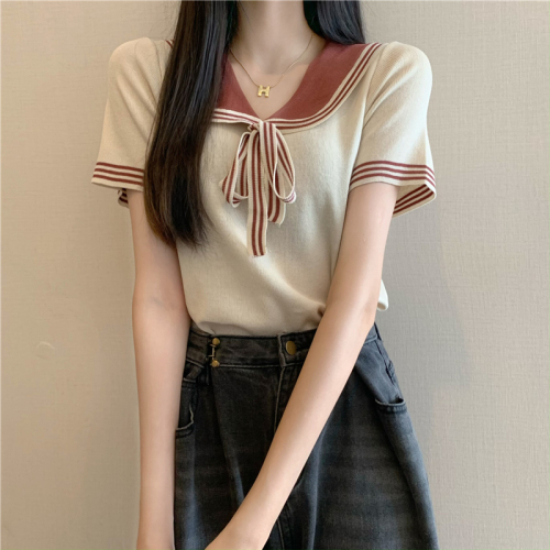 College style doll collar lace-up knitted short-sleeved T-shirt for women with summer design, niche, chic, loose and versatile top