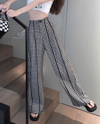 Real shot of summer high-waist slim trousers, open-stitched casual plaid trousers, irregular trousers