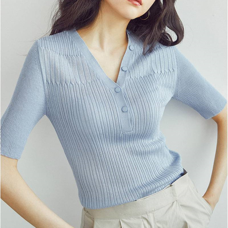 冰絲針織衫女半袖2024新款夏季薄款中袖v領內搭修身短袖打底上衣