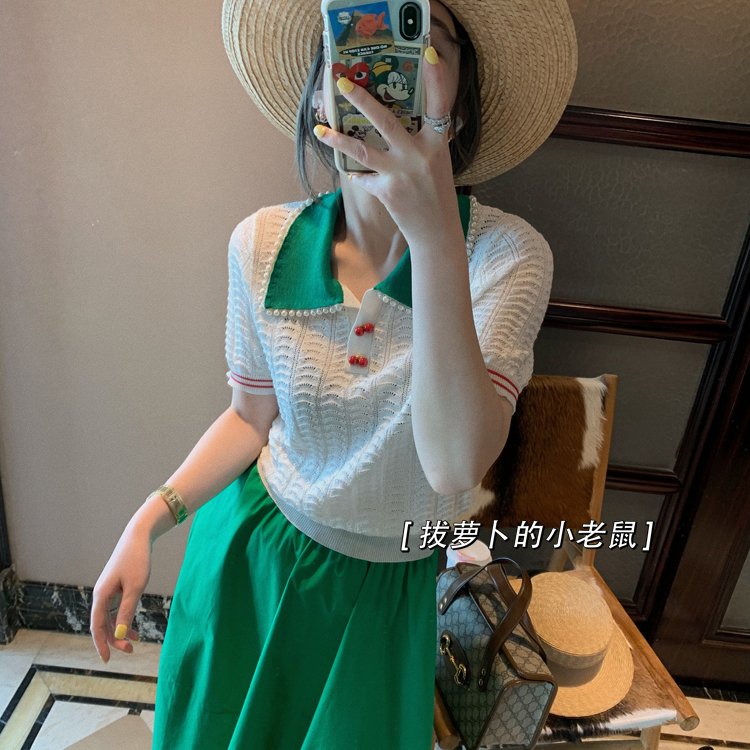 櫻桃扣翻領撞色冰絲T恤女2024夏季新款韓版氣質百搭釘珠顯瘦上衣