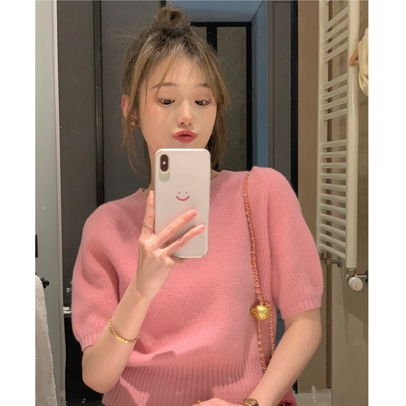 粉色毛衣短袖T恤女小眾設計法式收腰針織衫上衣春夏款套頭打底衫