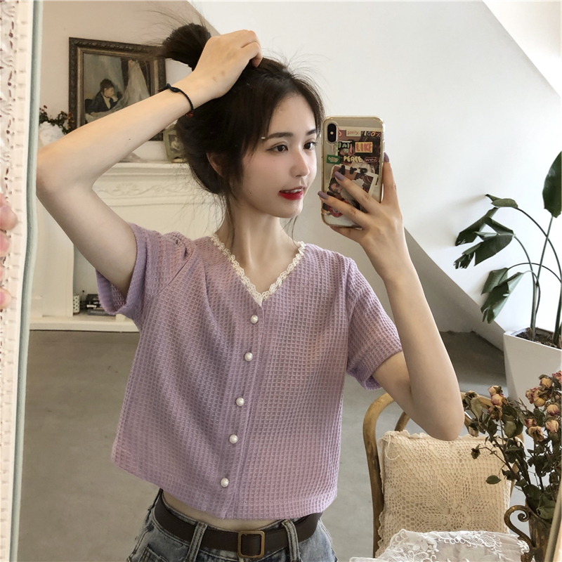 女裝夏季胖妹妹小粉色短袖t恤女設計感小眾v領短款上衣女