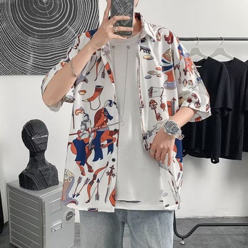 Hawaiian flower shirt men's short-sleeved Thai Hong Kong style baroque handsome shirt beach seaside vacation ice silk jacket