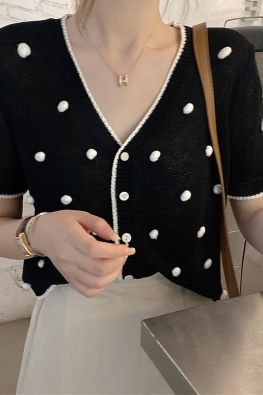 女裝法式設計感波點冰絲針織衫女夏季胖妹妹顯瘦遮肉短款上衣