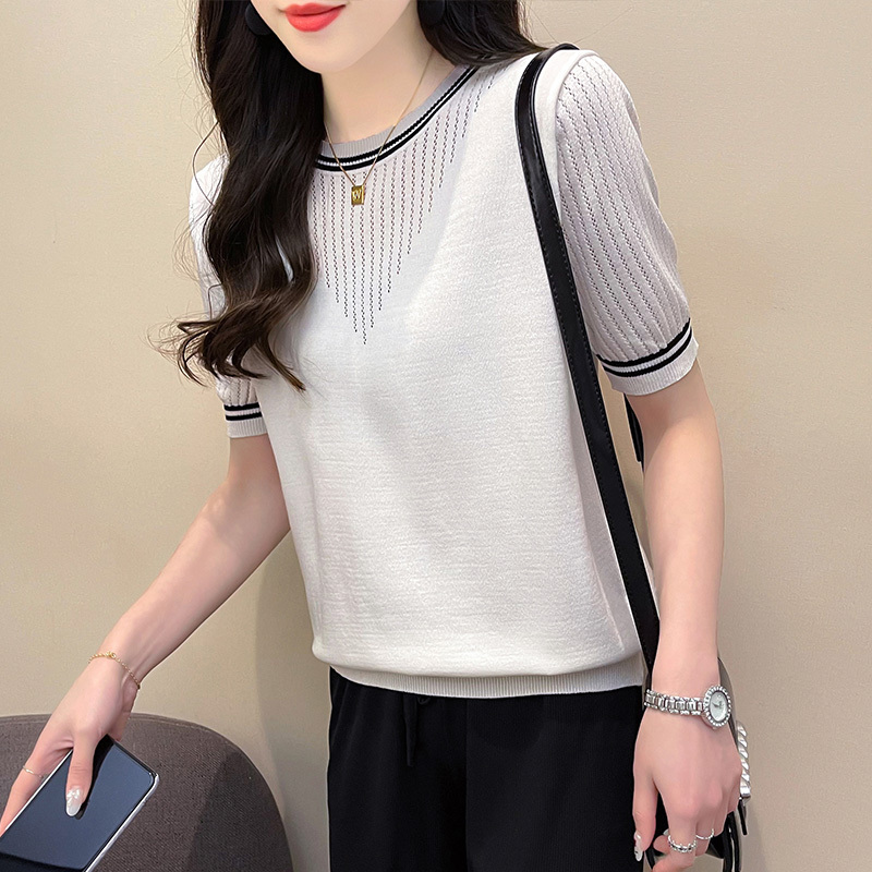 2024韓版圓領小清新縷空短袖t恤女洋氣套頭針織修身打底衫上衣夏