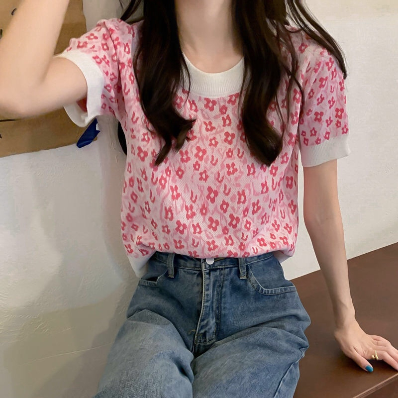 洋氣ins簡約百搭小清新碎花T恤夏季新款圓領套頭短袖針織衫上衣女
