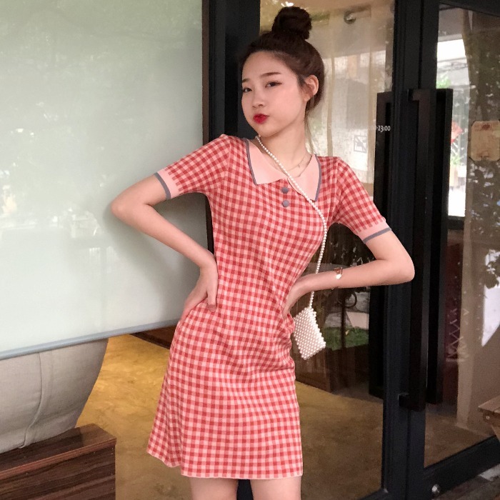 法式復古娃娃領格子連衣裙女夏裝2024新款修身氣質A字包臀短裙子