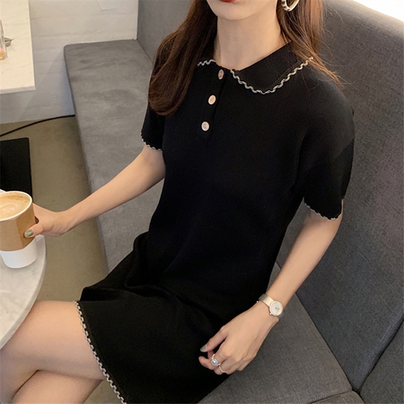 2024新款夏季短袖港風小香風寬鬆法式直筒裙針織polo領休閒連衣裙