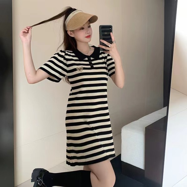 小個子減齡POLO領短袖針織裙女夏季設計感條紋連衣裙裙子