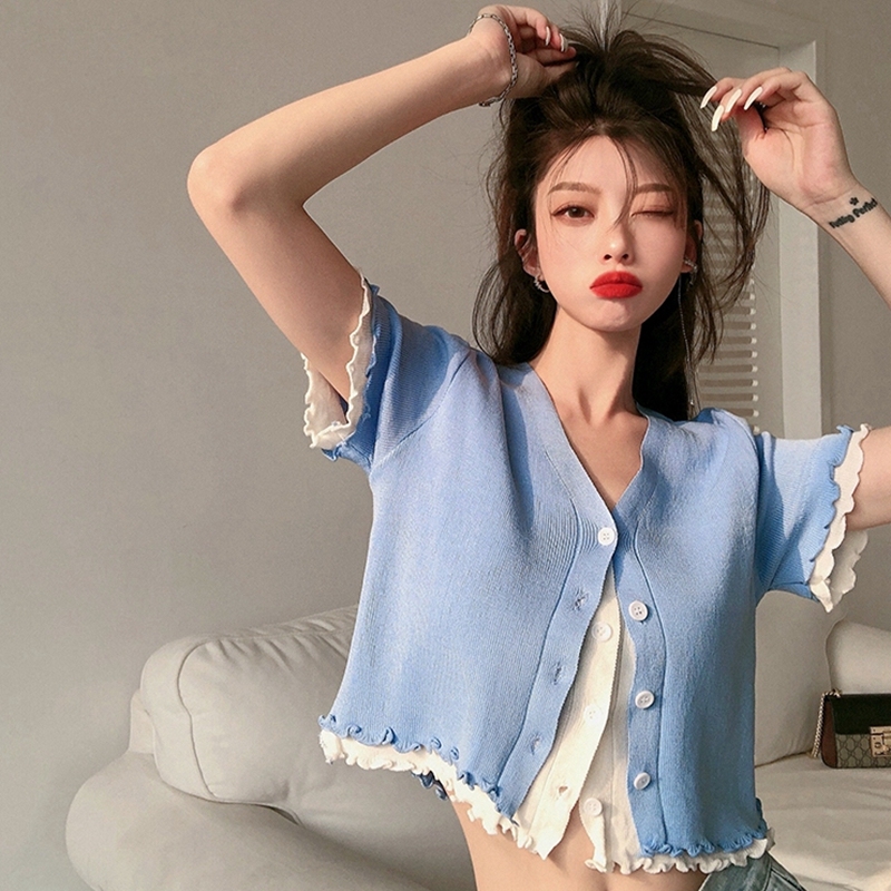 假兩件短款上衣女夏季港風內搭修身V領木耳邊針織開衫糖果色T恤潮