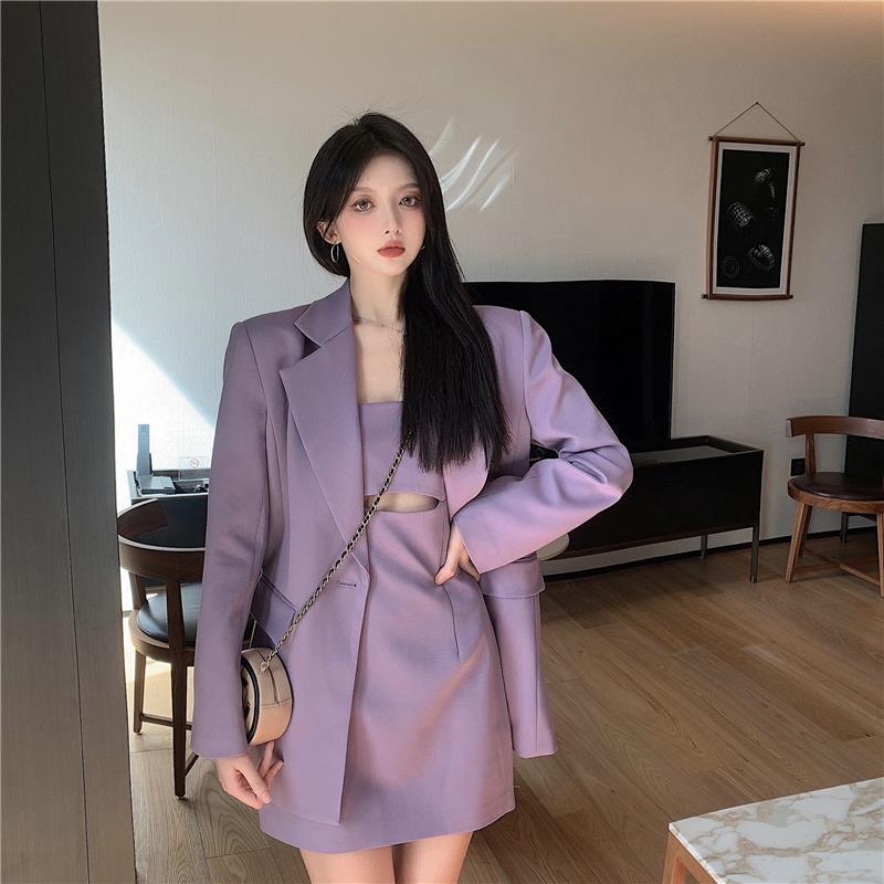 Spring and summer 2023 new women's suit loose long-sleeved suit jacket + waist suspender dress two-piece set ins