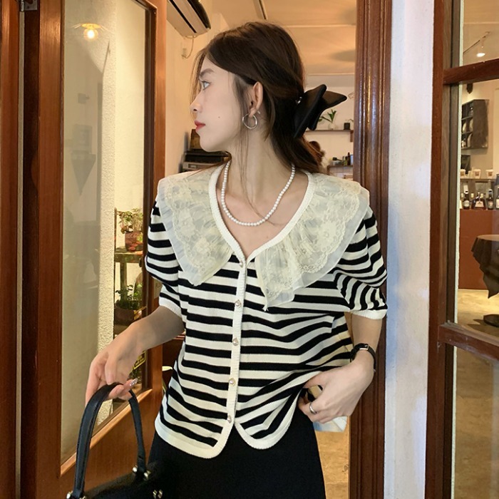 復古條紋針織開衫女薄款夏季娃娃領氣質名媛設計感小眾高級感上衣