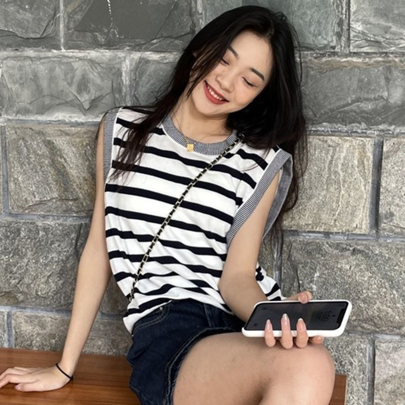 韓國chic夏季百搭圓領撞色條紋針織衫背心