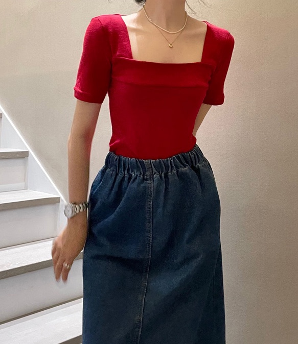 法式方領短袖T恤女夏季短款小眾正肩甜辣妹顯瘦鎖骨酒紅色上衣ins