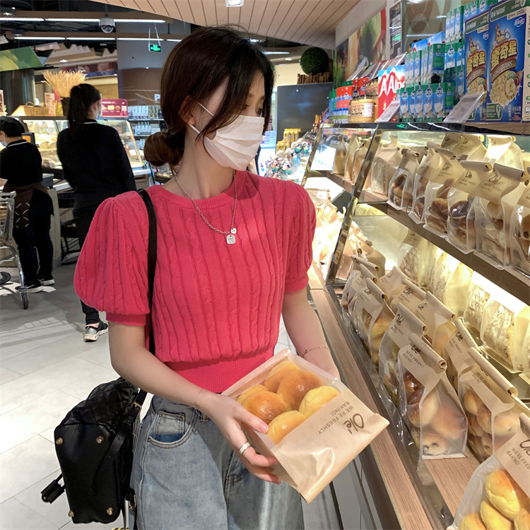 白水蝴蝶結短袖毛針織衫女夏修身顯瘦設計感小眾鏤空短款上衣女