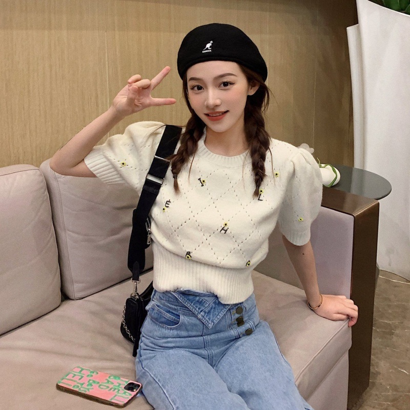 新款2024韓版夏裝短袖短款顯瘦溫柔風冰絲針織衫女套頭薄款上衣潮