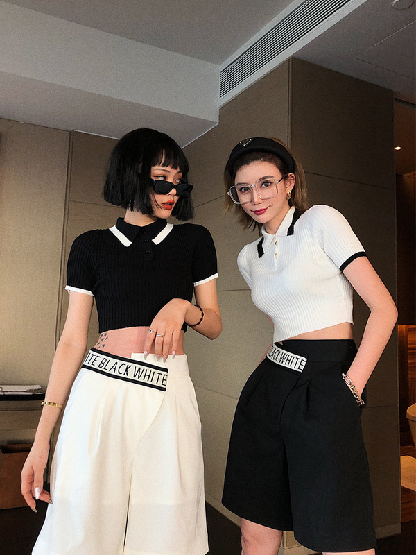李婉君polo衫女短袖港風2024年新款夏季修身顯瘦露臍短款上衣ins