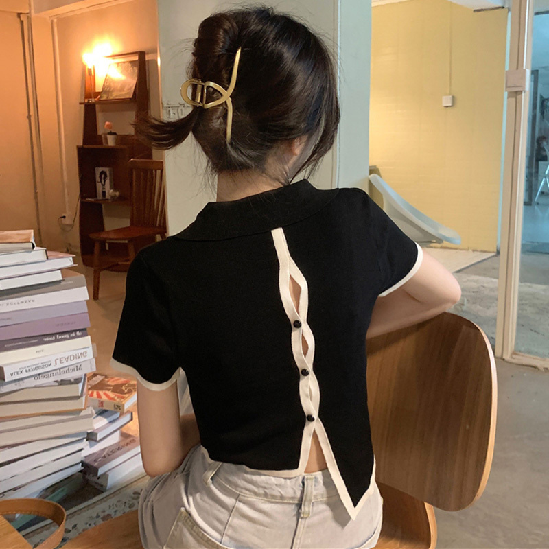 設計感小眾別致露背冰絲針織短袖t恤女夏不規則修身顯瘦短款上衣