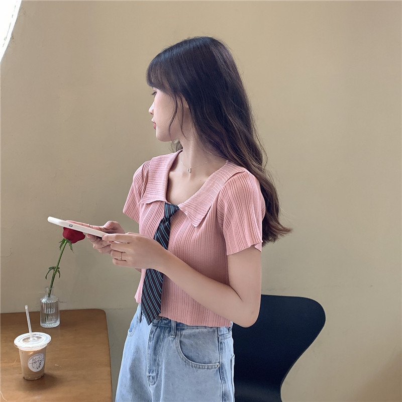 夏季韓版2024新款POLO領修身顯瘦短款學生氣質短袖針織衫上衣女裝