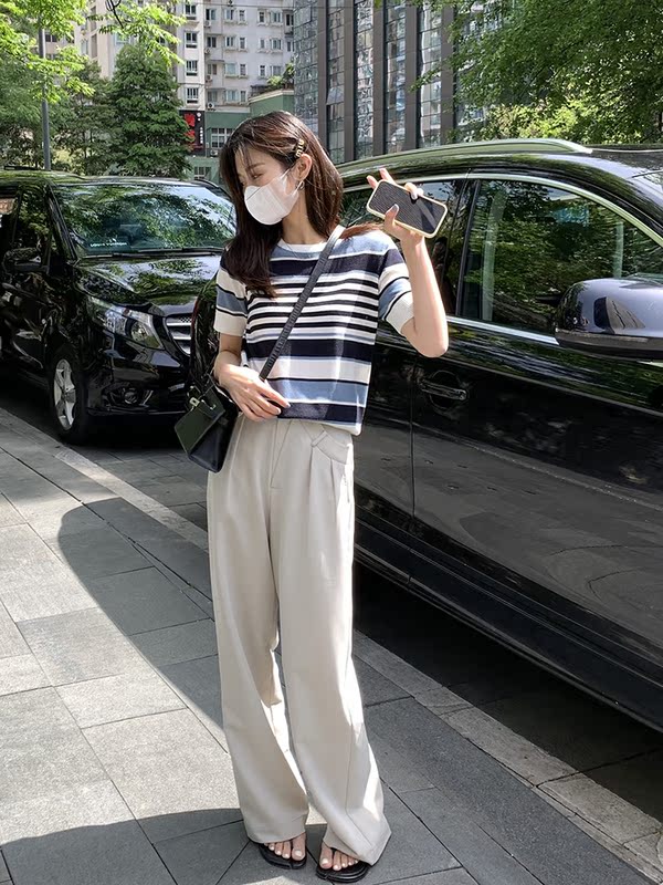 撞色條紋冰絲針織T恤女短袖夏季百搭寬鬆薄款圓領上衣