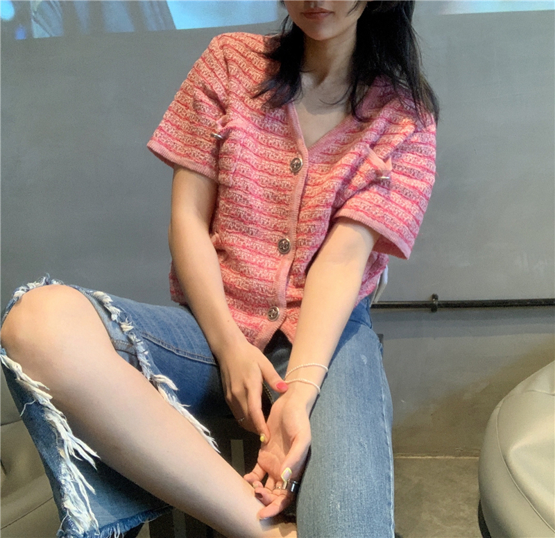 韓國訂單定製2024夏季新款粉色小香風薄款重工藝寬鬆針織短袖開衫