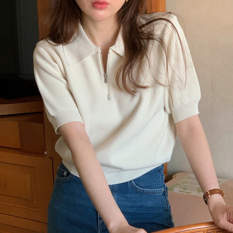polo領針織衫短袖t恤女夏薄款拉鏈翻領ins潮韓版別致洋氣短款上衣