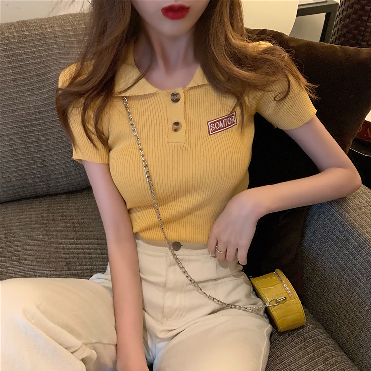 夏季新款復古時尚翻領小短款兩粒扣顯瘦短袖t恤上衣學生女裝ins潮