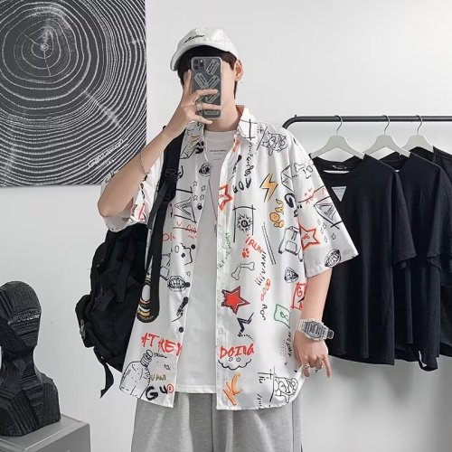 Summer Thin Retro Beach Floral Shirt Pi Shuai Tai Hawaiian Hong Kong Style Loose Men's Beach Floral Fancy Shirt