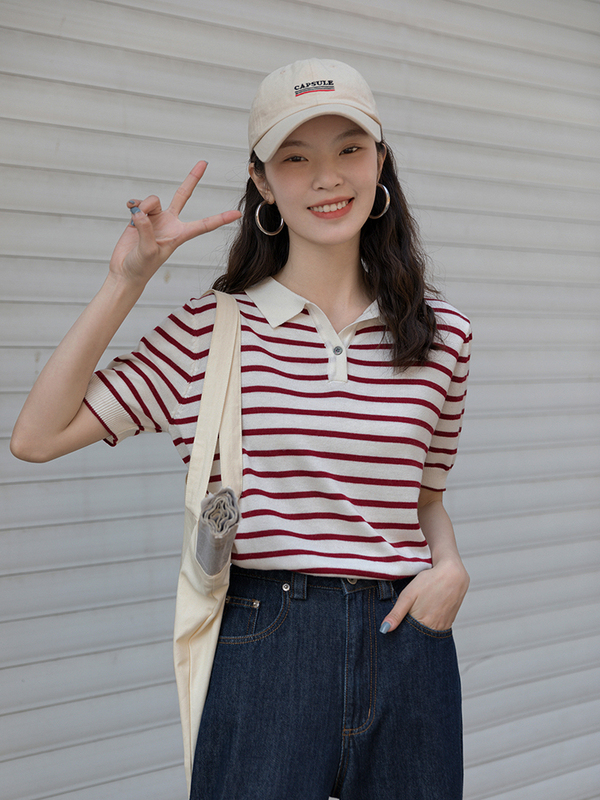 polo衫針織衫女春裝2024夏季短袖設計感小眾條紋薄款短款上衣