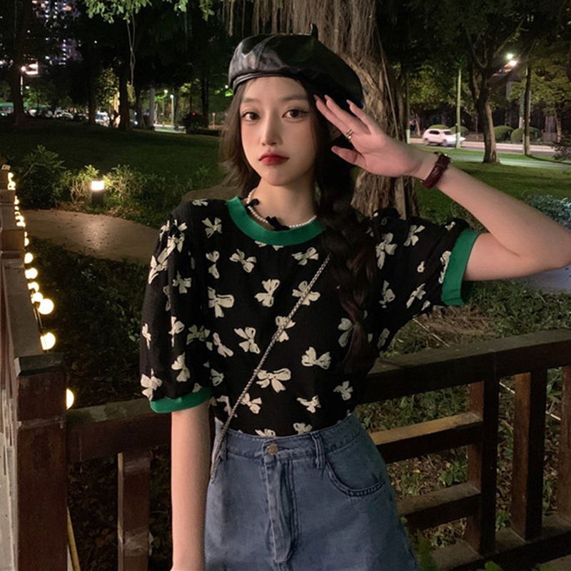 針織短袖女夏薄款2024新款圓領寬鬆短款蝴蝶結泡泡袖桔梗法式上衣